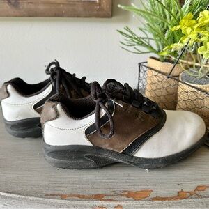 Brown and White kids Footjoy Greenjoy Golf Shoes